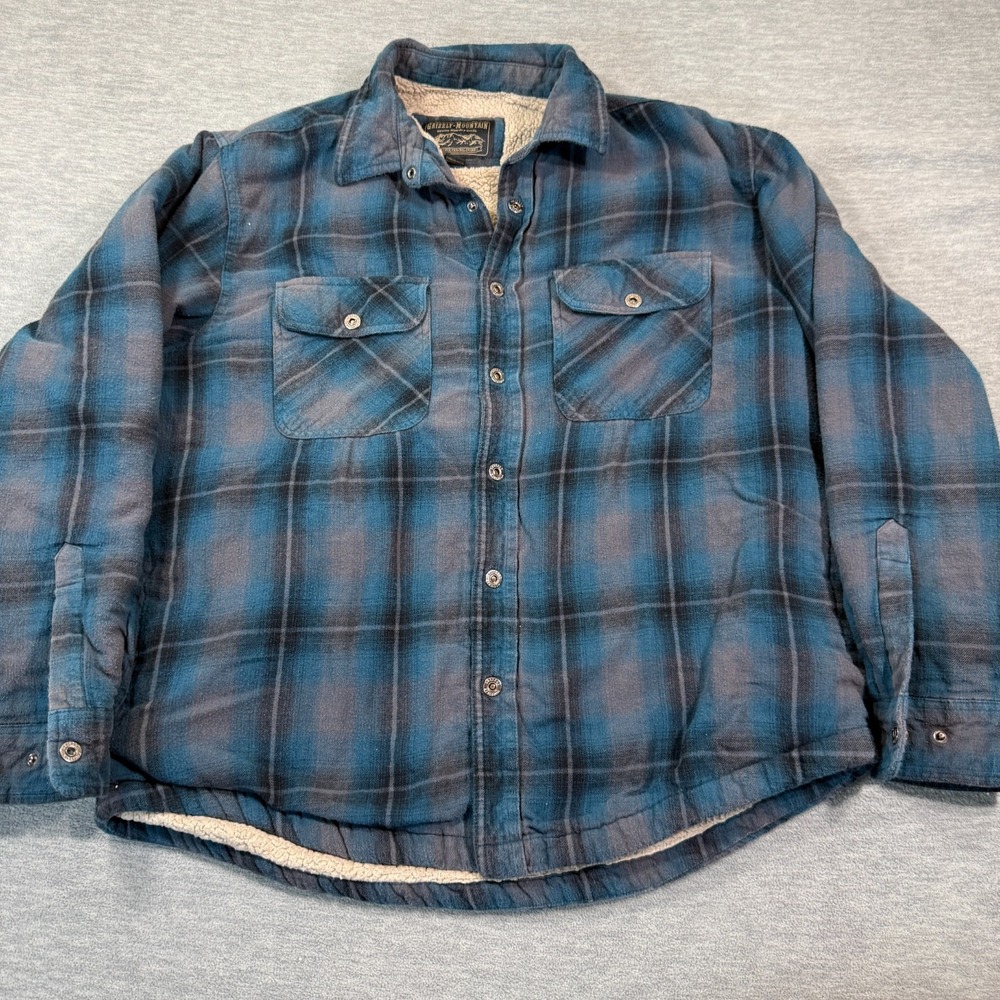 Grizzly Mountain Flannel Shirt Mens XL‎ Blue Plaid Sherpa Lined Full Zip Jacket